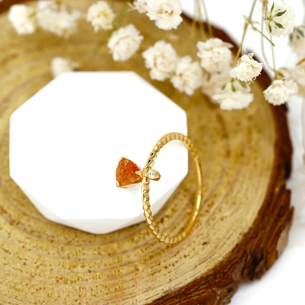 Emotional Factory 925 Sterling Silver 14K Gold Plated Gemstone Series Mosaic Zircon Triangle Natural Sun Stone Ring