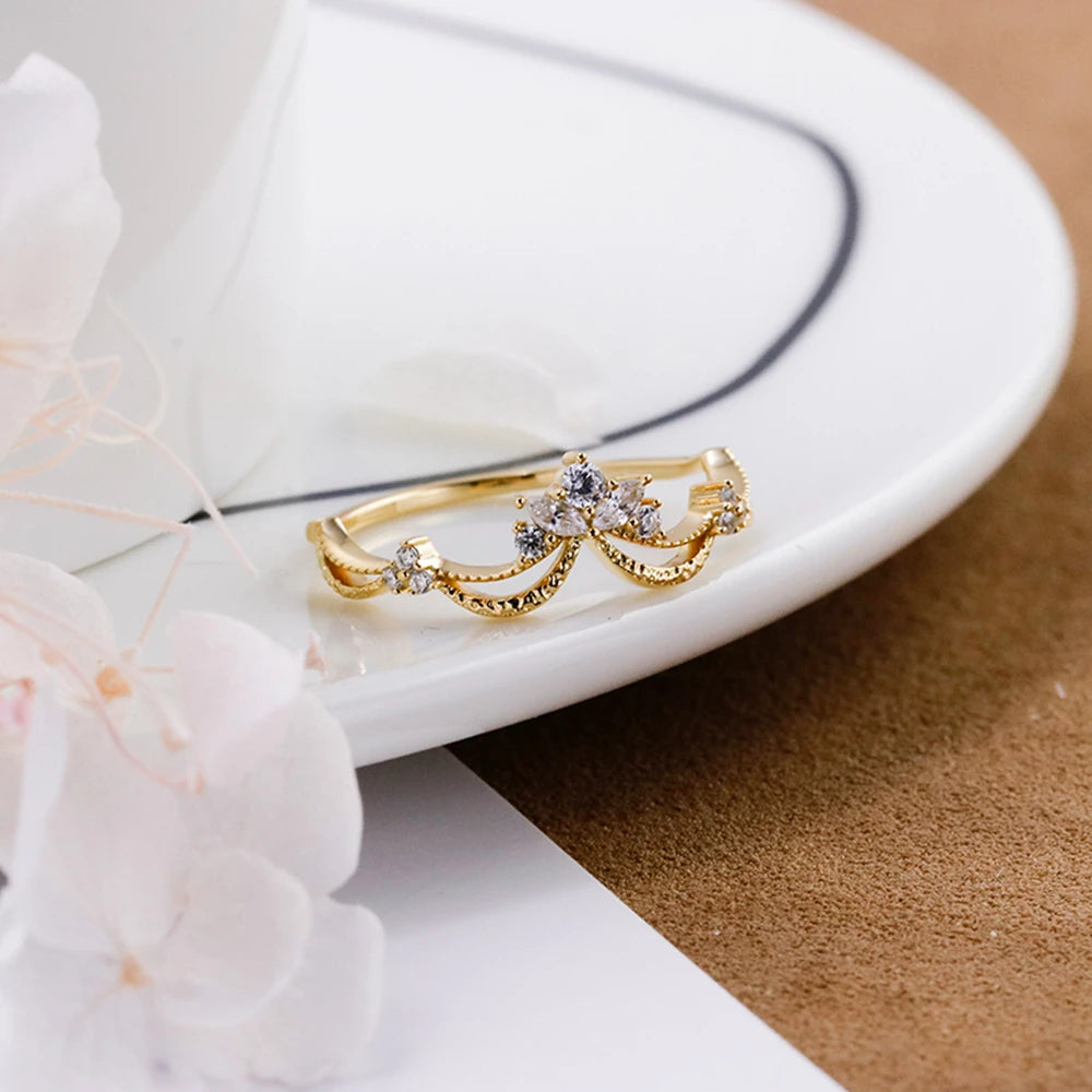 Emotional Factory 925 Sterling Silver 14K Gold Plated Gemstone Retro Cz Zircon Leaves Smiles Ring