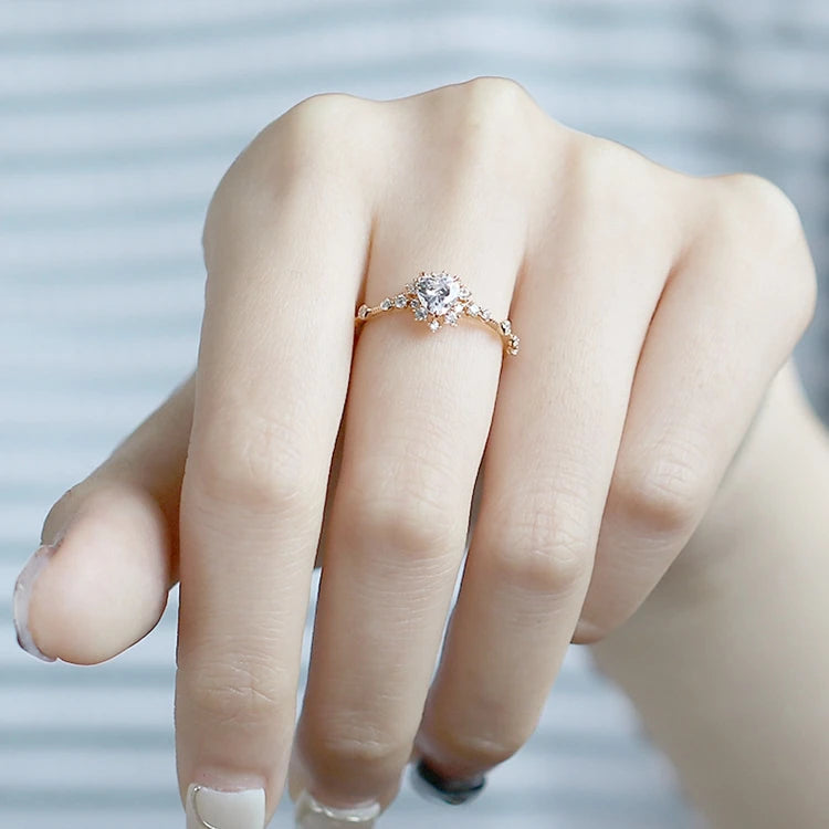 925 Sterling Silver 14K Gold Plated Gemstone Romantic Heart Shape Moissanite Engagement Proposal Ring