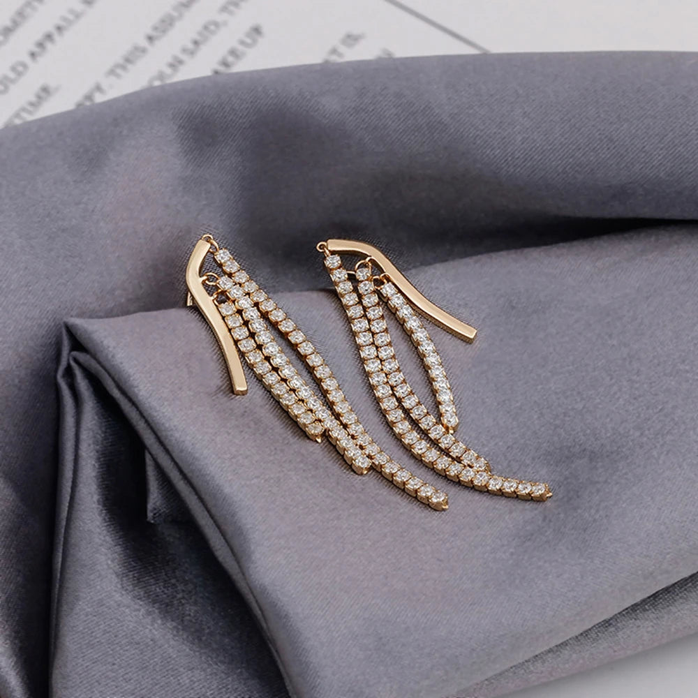 Emotional Factory 925 Sterling Silver 14K Gold Plated White Cz Zircon Tassels Tennis Chain Ear Clips Stud Pendant Earrings