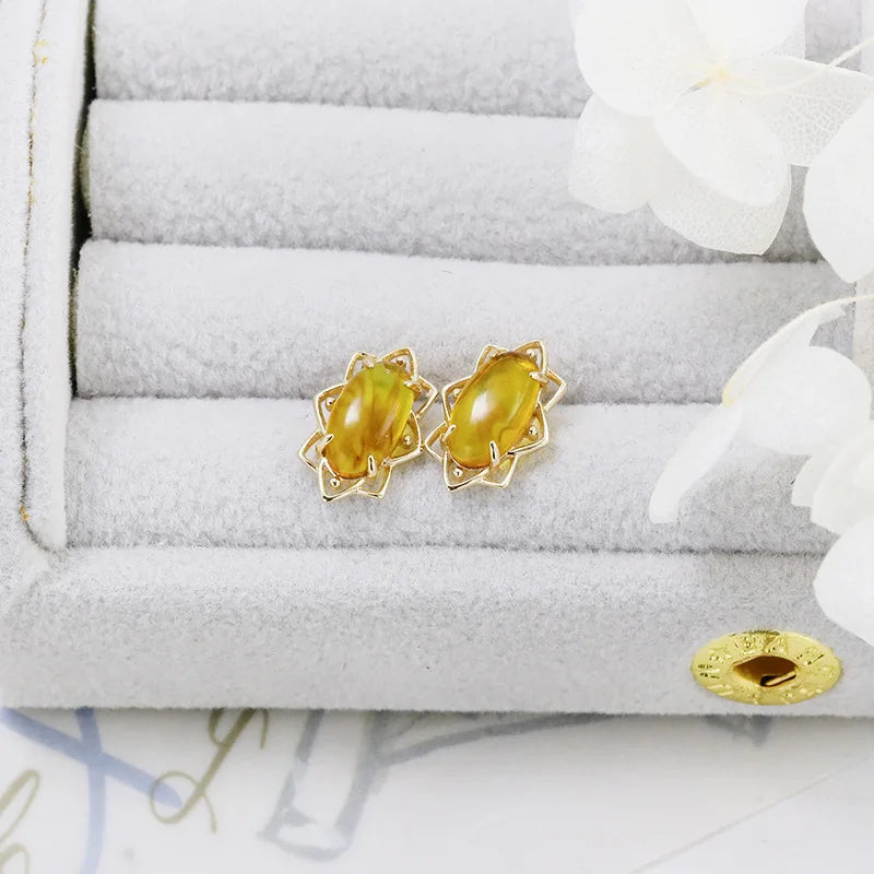 Emotional Factory 925 Sterling Silver 14K Gold Plated Gemstone Flowers Sun  Shaped Synthetic Amber Earrings
