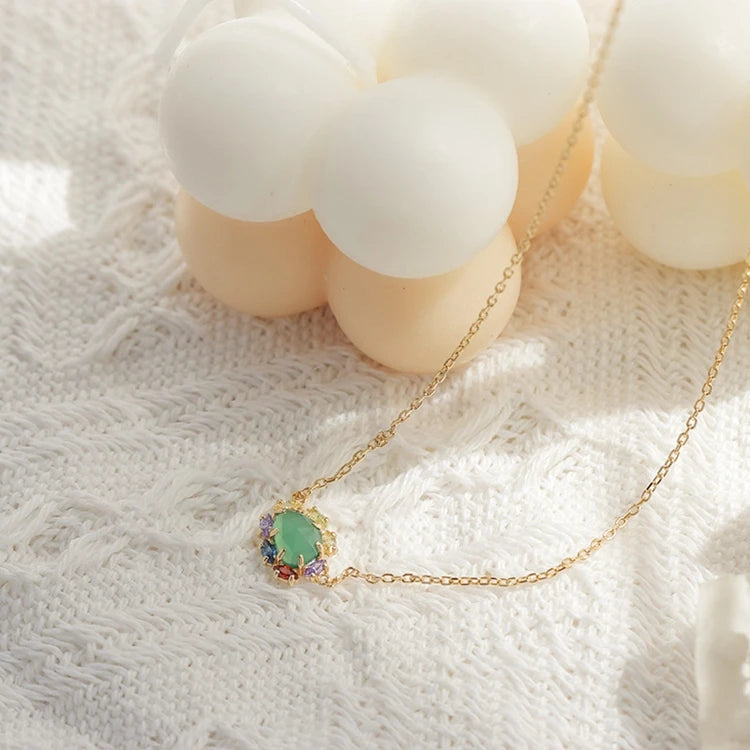 925 Sterling Silver 14K Gold Plated Gemstones Colourful Rainbow Red Garnet Natural Green Chalcedony Crystal Necklace