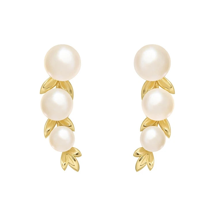 Emotional Factory 925 Sterling Silver 14K Gold Plated Gemstone Leaves Shaped Stud Pearl Earrings