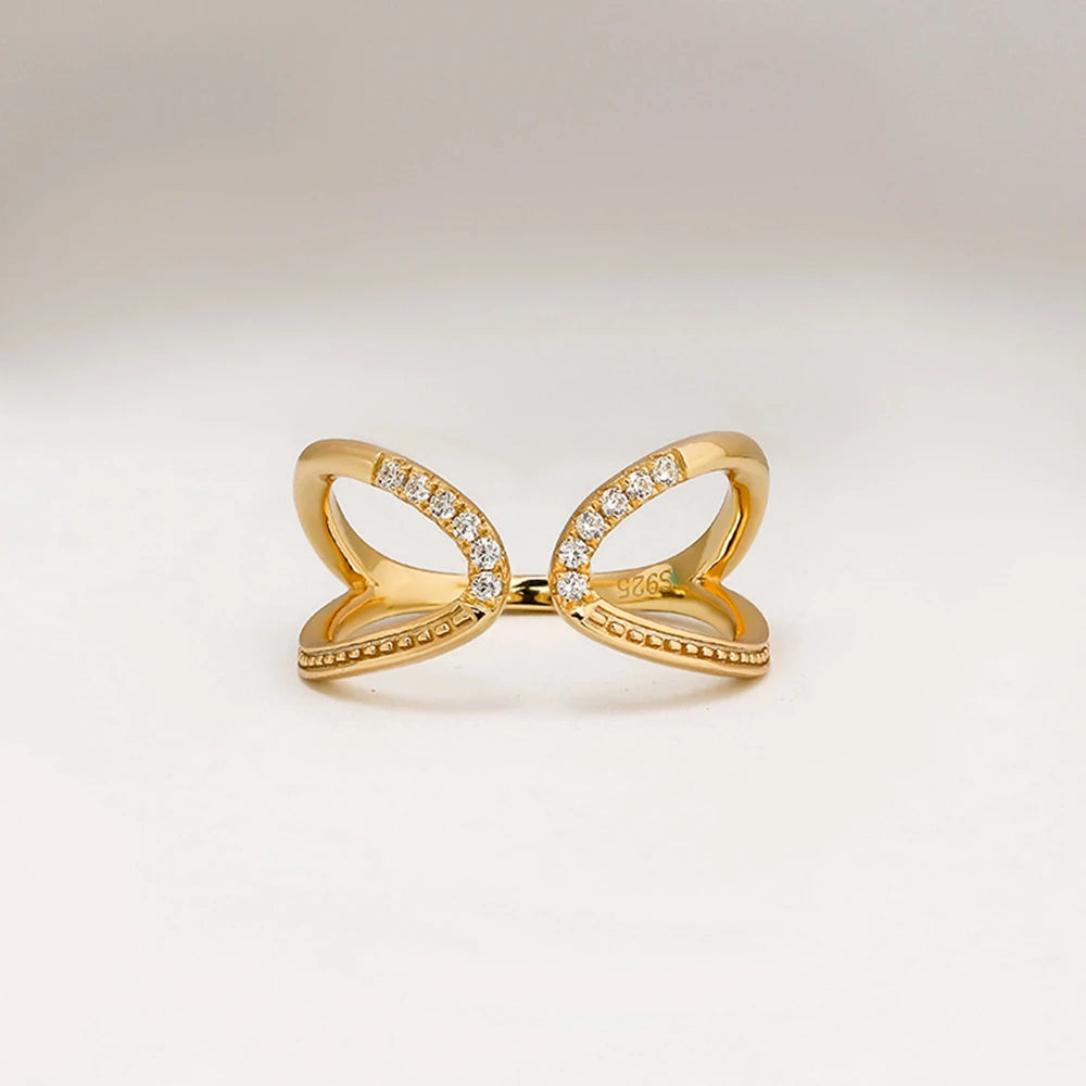 Emotional Factory 925 Sterling Silver 14K Gold Plated Retro  Cz Zircon Line Butterfly Shaped Ring
