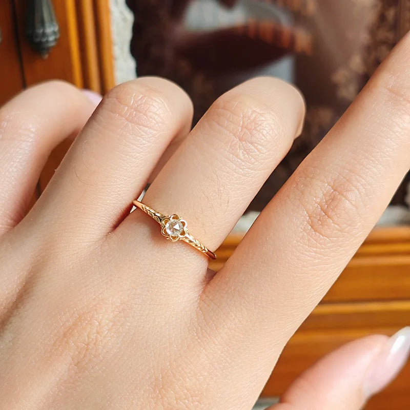 Emotional Factory 925 Sterling Silver 14K Gold Plated Gemstone Rose Inlaid Moissanite Exquisite Sweet Thin Ring