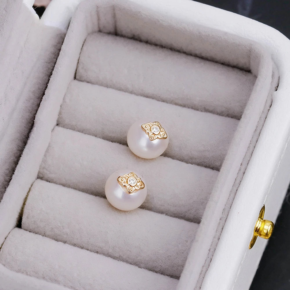 Emotional Factory 925 Sterling Silver 14K Gold Plated Gem Stone Gemstone Retro Cz Zircon Round Stone Pearl Stud Earrings