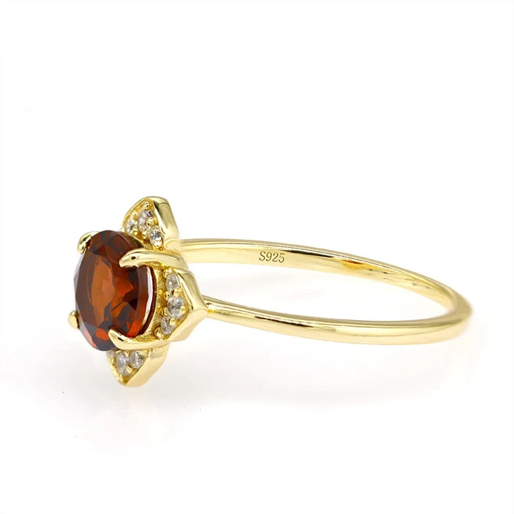 Emotional Factory 925 Sterling Silver 14K Gold Plated Gemstone Red Garnet Petal Shaped Cz Ring