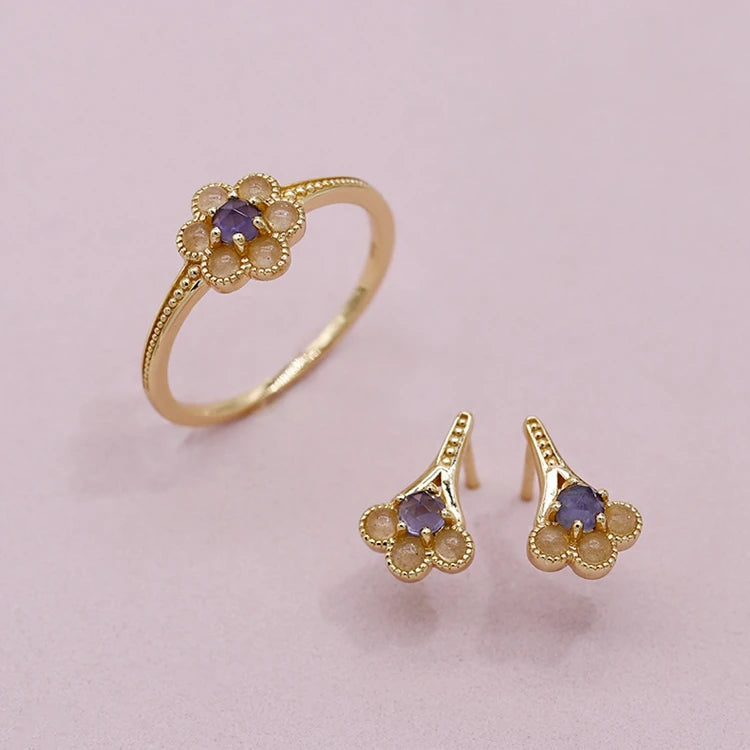 925 Sterling Silver 14K Gold Plated Gemstone Drop Orange Moonstone Natural Cordierite Earrings