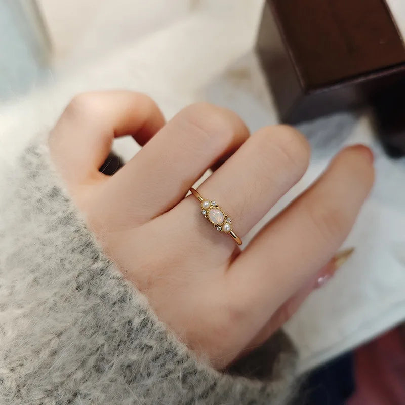 Emotional Factory 925 Sterling Silver 14K Gold Plated Gemstone Retro Cz Zircon African Opal Natural Pearl Ring
