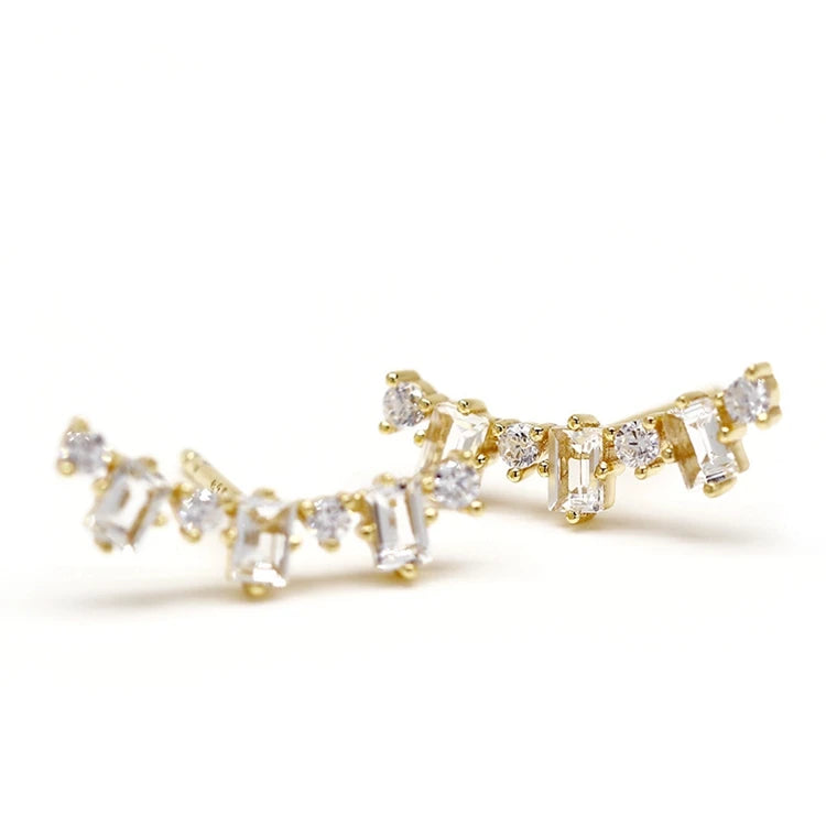 925 Sterling Silver 14K Gold Plated Gemstone Baguette Natural White Topaz Square Stone Vine Type Earrings