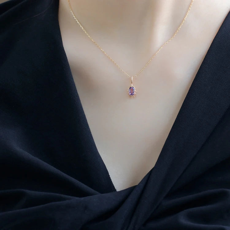 925 Sterling Silver 14K Gold Plated Gemstone Series Amethyst Crown Bubble Cutout Lace Delicate Sun Pendant Necklace