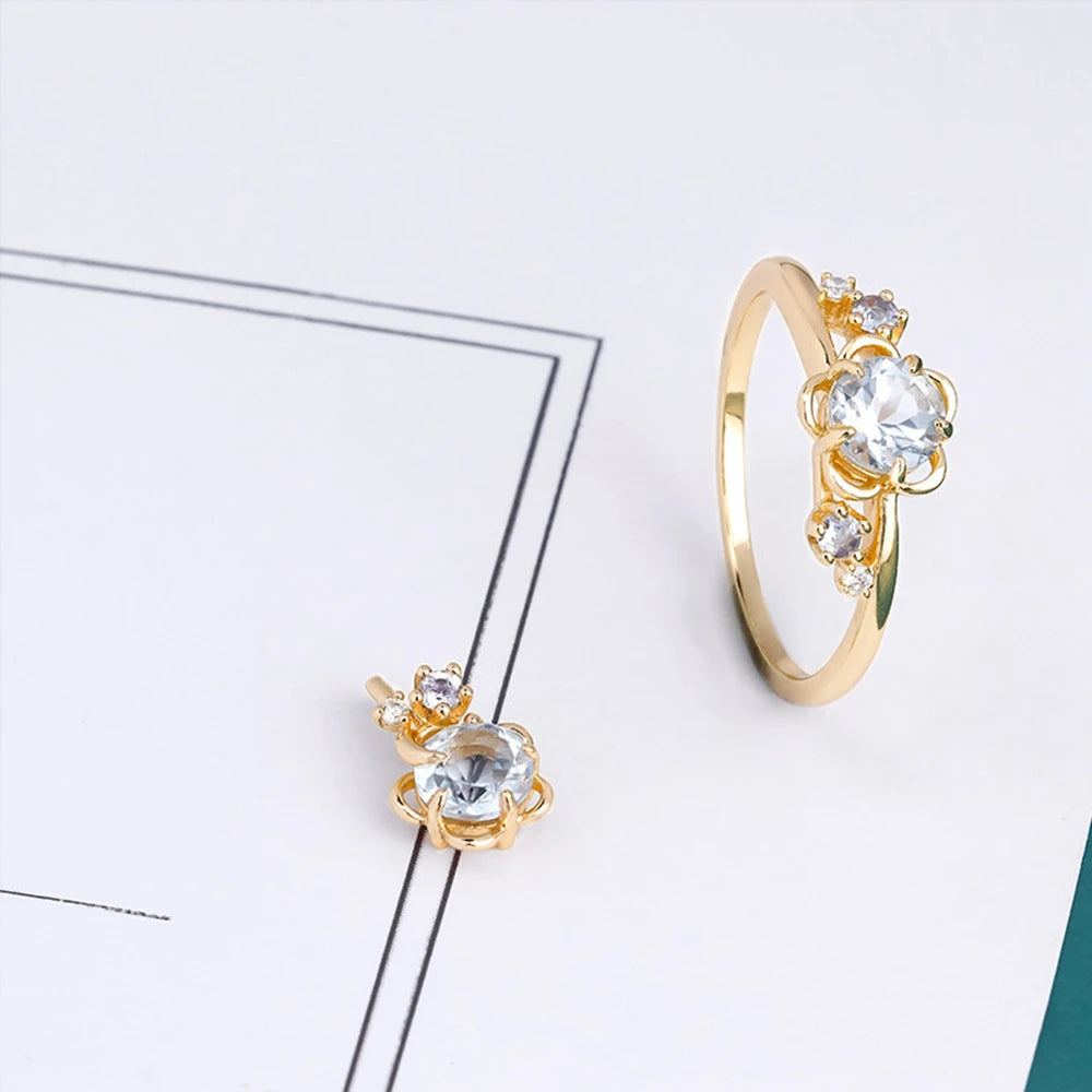 Custom 925 Sterling Silver 14K Gold Plated  Natural Stone Gemstone Natural Sky Blue Topaz Tanzanite Flower Ring