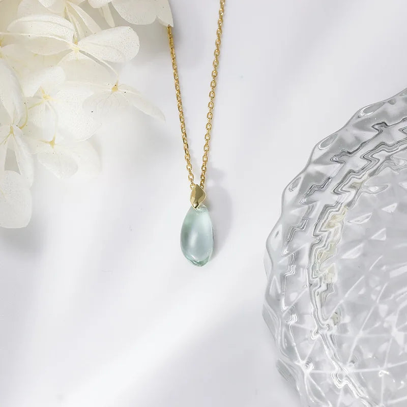 Emotional Factory 925 Sterling Silver 14K Gold Plated Gemstone Drop Green Quartzite Long Strip  Necklace