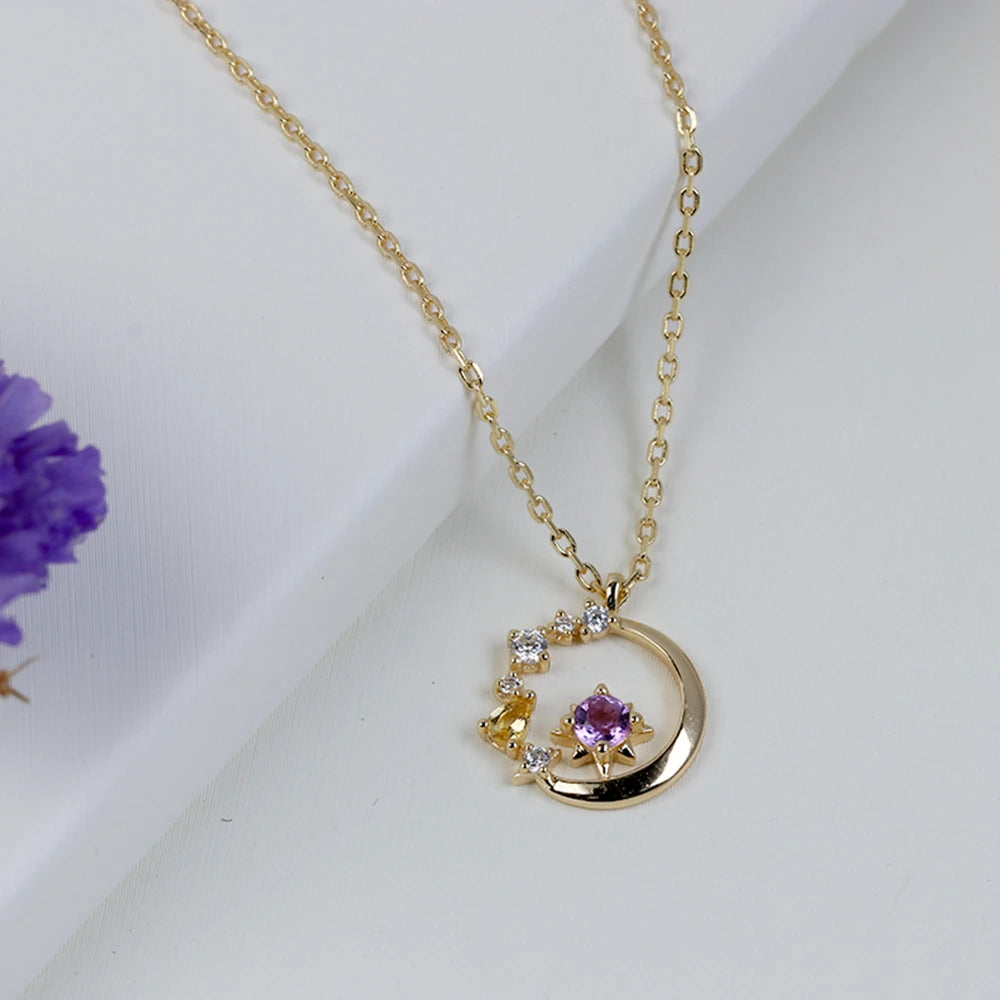 Emotional Factory Jewelry 925 Sterling Silver 14K Gold Plated Gemstone Series Amethyst Citrine Hollow Necklace