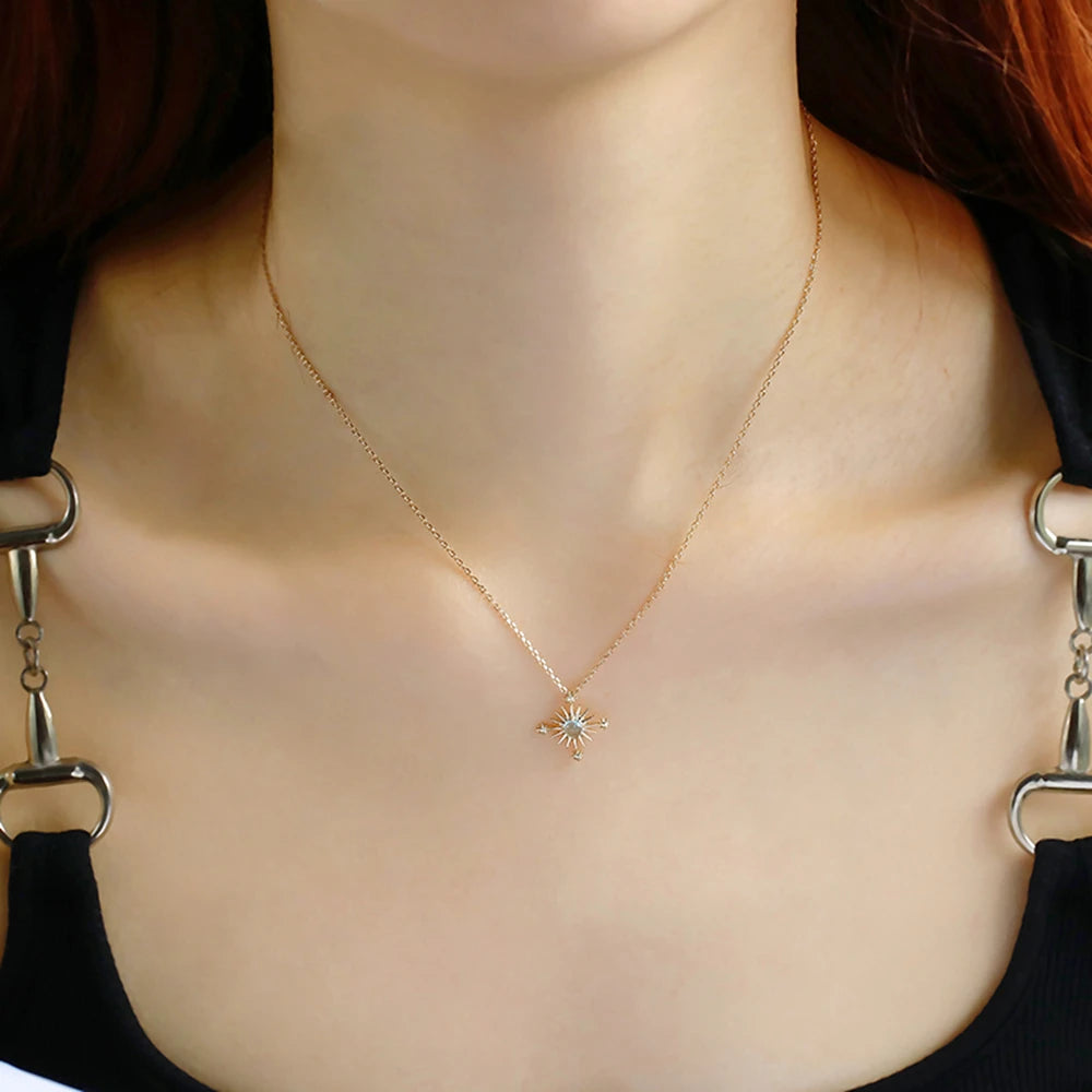 925 Sterling Silver 14K Gold Plated Gemstone Retro Hollow Sun Star Sunny Apatite Necklace