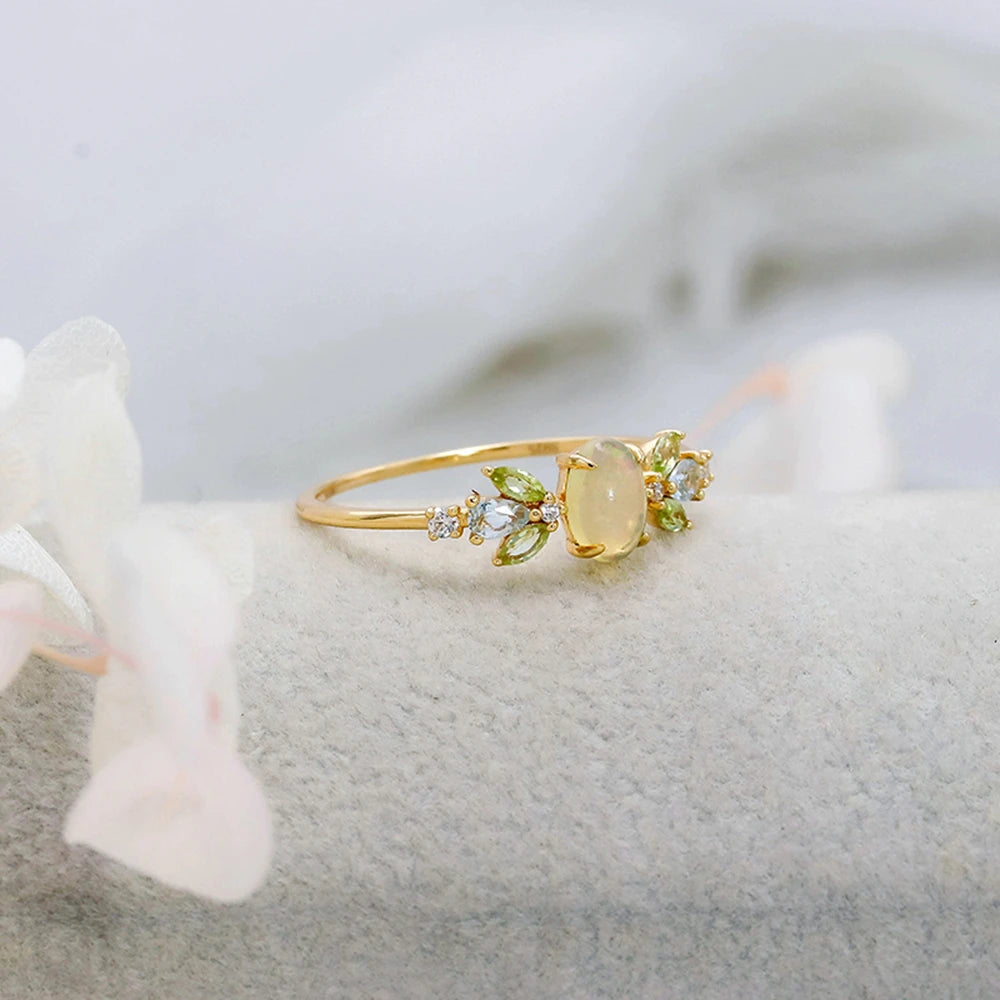 925 Sterling Silver 14K Gold Plated Gemstone Horse's Eye Opal Sky Blue Topaz Green Peridot Ring