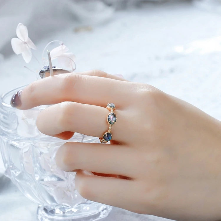 Emotional Factory 925 Sterling Silver 14K Plated Gemstone Gold Abalone Shell Hoop Rock Crystal Ring