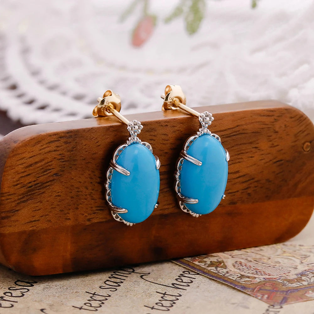 925 Sterling Silver 14K Gold Plated Gemstone Retro Egg Stone Artificial Turquoise Earrings