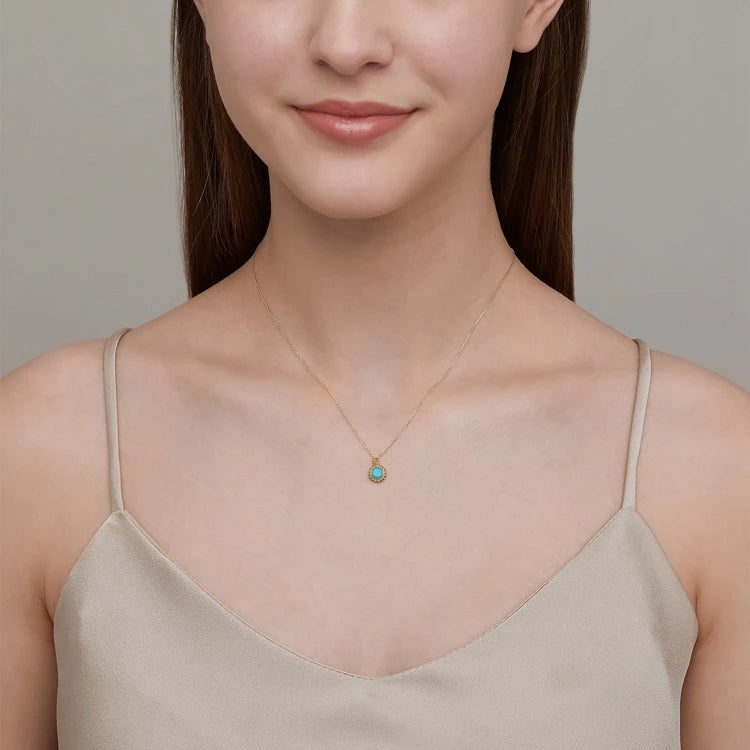 Emotional Factory 925 Sterling Silver 14K Gold Plated Gemstone Round Bead Flower Natural Turquoise Necklace