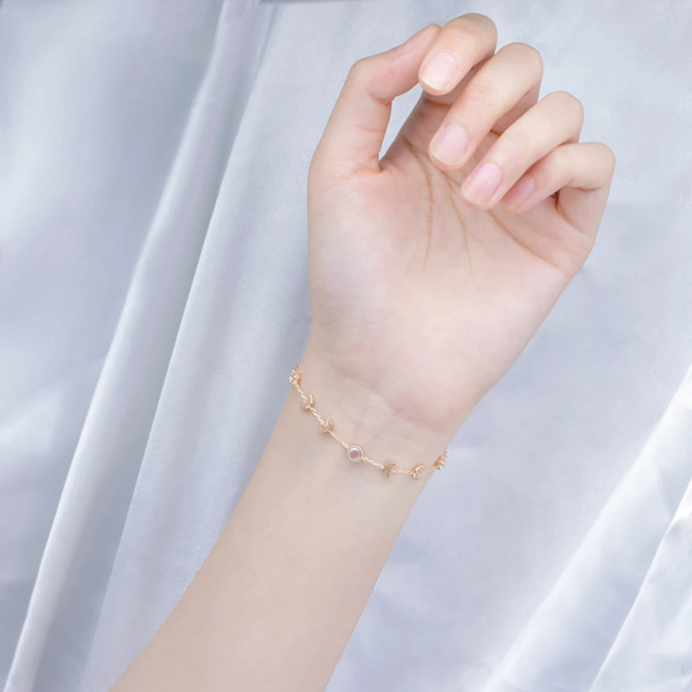 Emotional Pulsera De Cuarzo 925 Sterling Silver Gold Plated Gemstone Series Hammered Moonstone Zircon Round Moon Star Bracelet