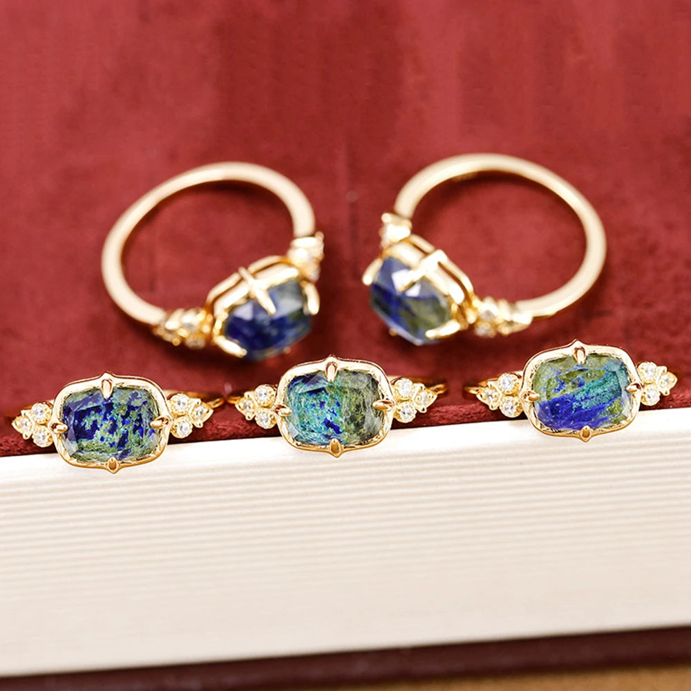 Emotional Factory 925 Sterling Silver 14K Gold Plated Gem Stone Gemstone Cz Zircon Vintage British Style Chrysocolla Ring