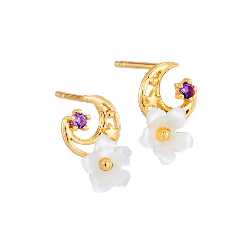 Emotional Jewelry 925 Sterling Silver 14K Gold Plated Gemstone Series White Shell Flower Small Amethyst Crescent Shaped Earrings