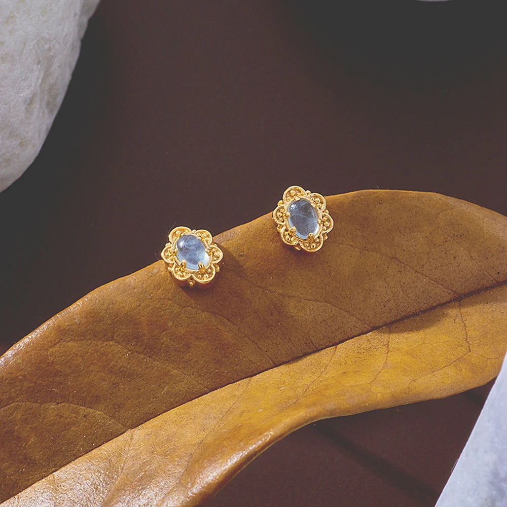 Emotional Factory Jewelry 925 Sterling Silver 14K Gold Plated Gemstone Series Aquamarine Exquisite Small Stud Earrings