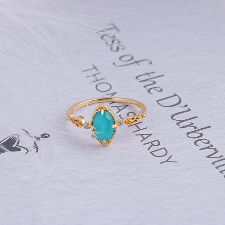 925 Sterling Silver 14K Gold Plated Gemstone Synthetic Turquoise Oval Natural Rock Crystal Ring
