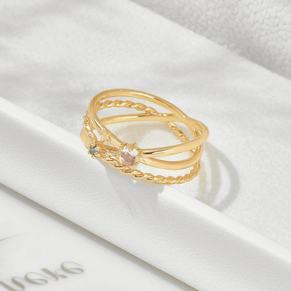 Natural Moonstone Hollow Track Star Triple Ring