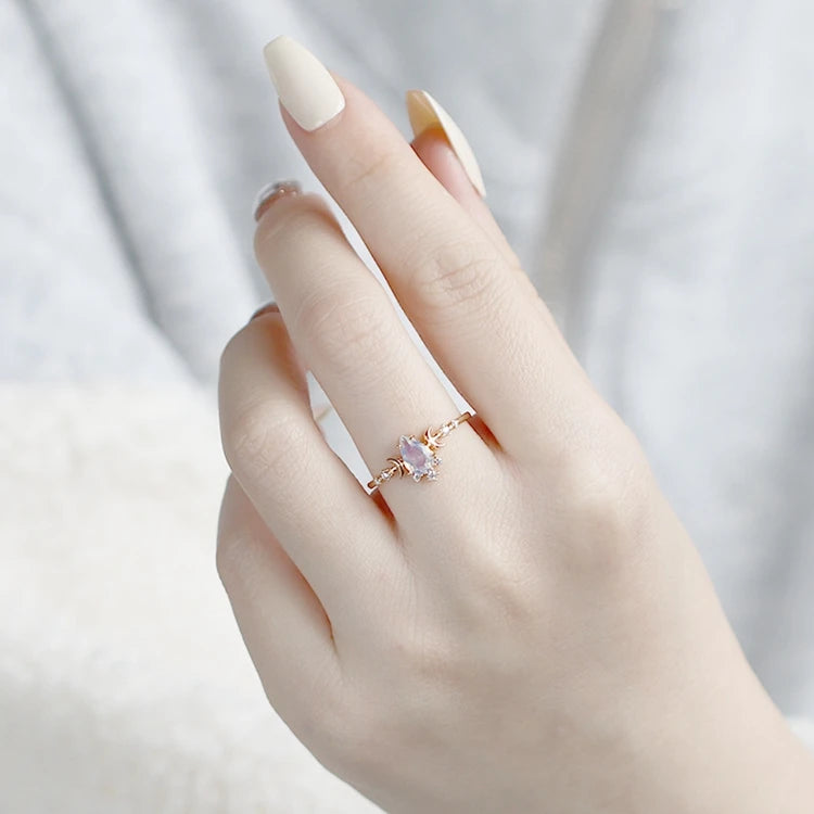 Anillos De Plata Anel De Ouro Puro 925 Sterling Silver 14K Gold Plated Gemstone Zircon Water Drop Opal Moon Ring