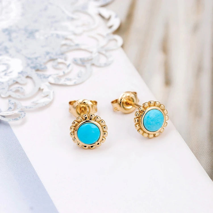 Emotional Factory 925 Sterling Silver 14K Gold Plated Gemstone Round Bead Flower Natural Turquoise Stud Earrings