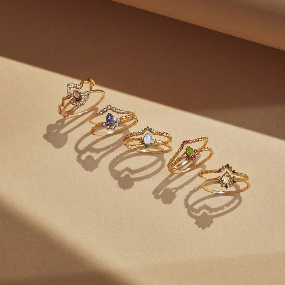 Emotional Factory 925 Sterling Silver 14K Plated Gemstone Retro Jewelry Cz Zircon Gold Smoky Quartz Ring Set