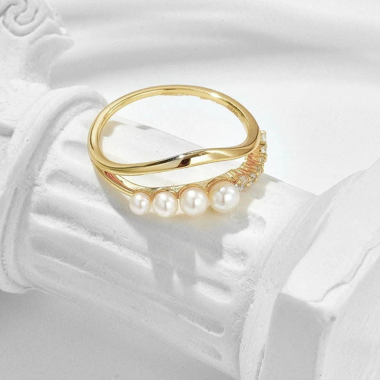 925 Sterling Silver 14K Gold Plated Gemstone White Zircon Double Natural Freshwater Pearls Ring