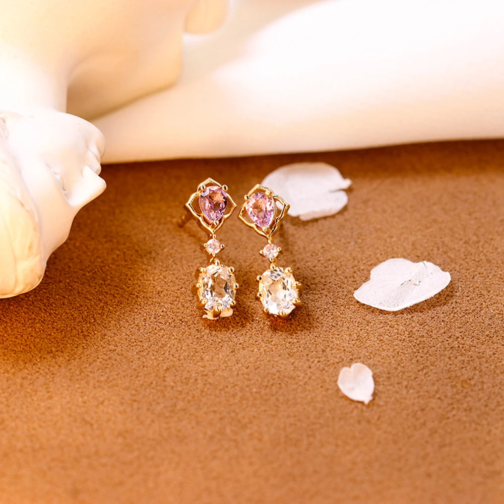 Emotional Factory 925 Sterling Silver 14K Gold Plated Gemstone Zircon White Topaz Pink Amethyst Strip  Earrings