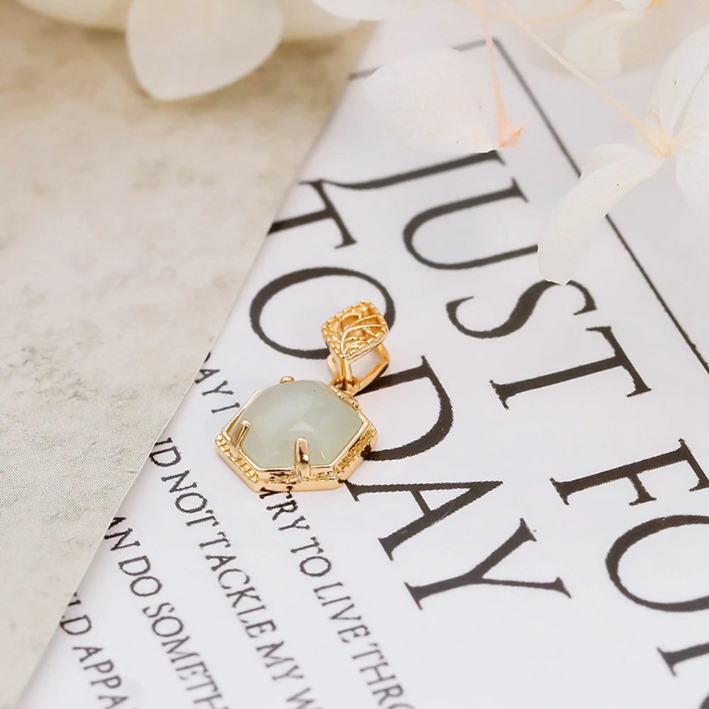 925 Sterling Silver 14K Gold Plated Gemstone Retro Vintage Hexagonal Jade Nephrite Necklace