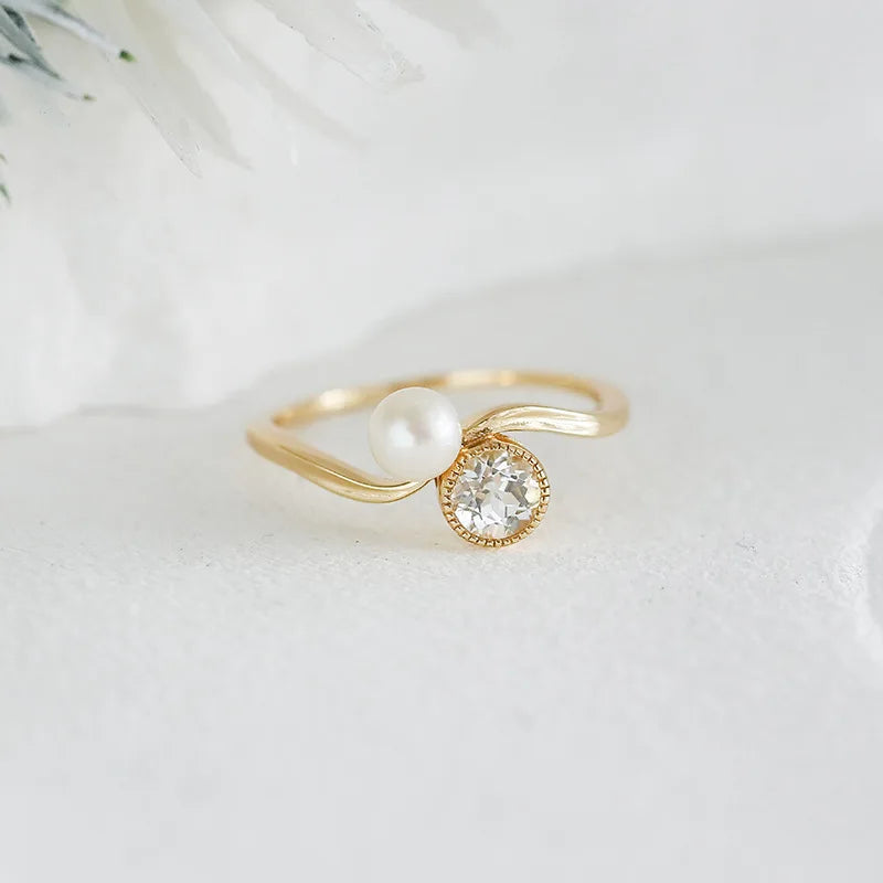 Emotional Factory 925 Sterling Silver 14K Gold Plated Gemstone Curve Vintage  Topaz Natural Pearl Ring