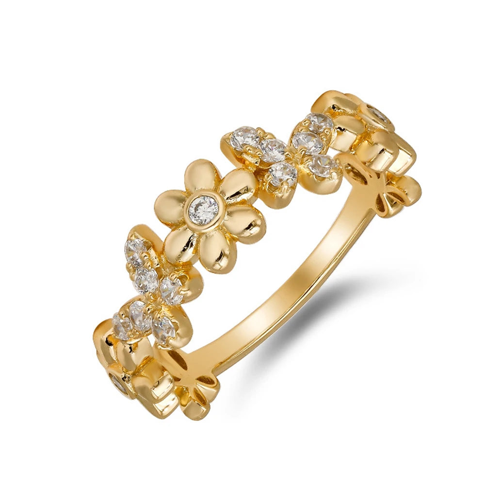Emotional Factory 925 Sterling Silver 14K Gold Plated Retro Cz Zircon Sweet Cute Flower Design Ring