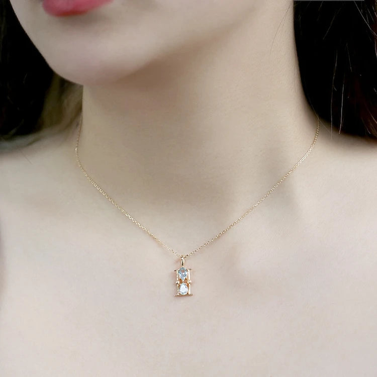 925 Sterling Silver 14K Gold Plated Gemstone Water Droplets Natural Sky Blue Topaz Hourglass Necklace