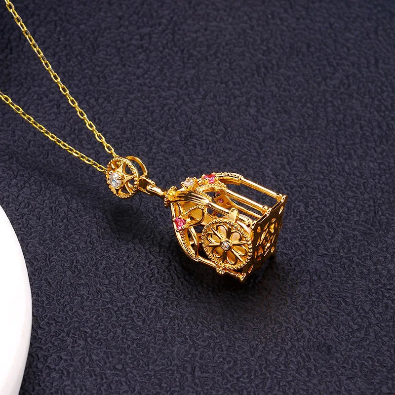 925 Sterling Silver 14K Gold Plated Fairy Tale Pumpkin Carriage Three-Dimensional Design Pearls Open Bird Cage Lockets Pendant