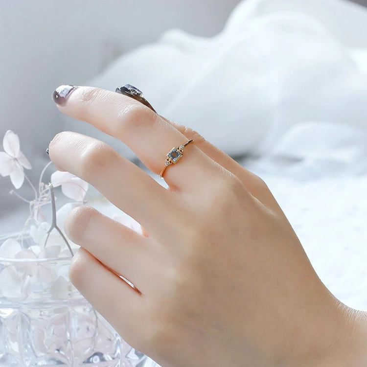 Emotional Factory 925 Sterling Silver 14K Gold Plated Gemstone Simplicity Zircon Geometric Square Aquamarine Ring