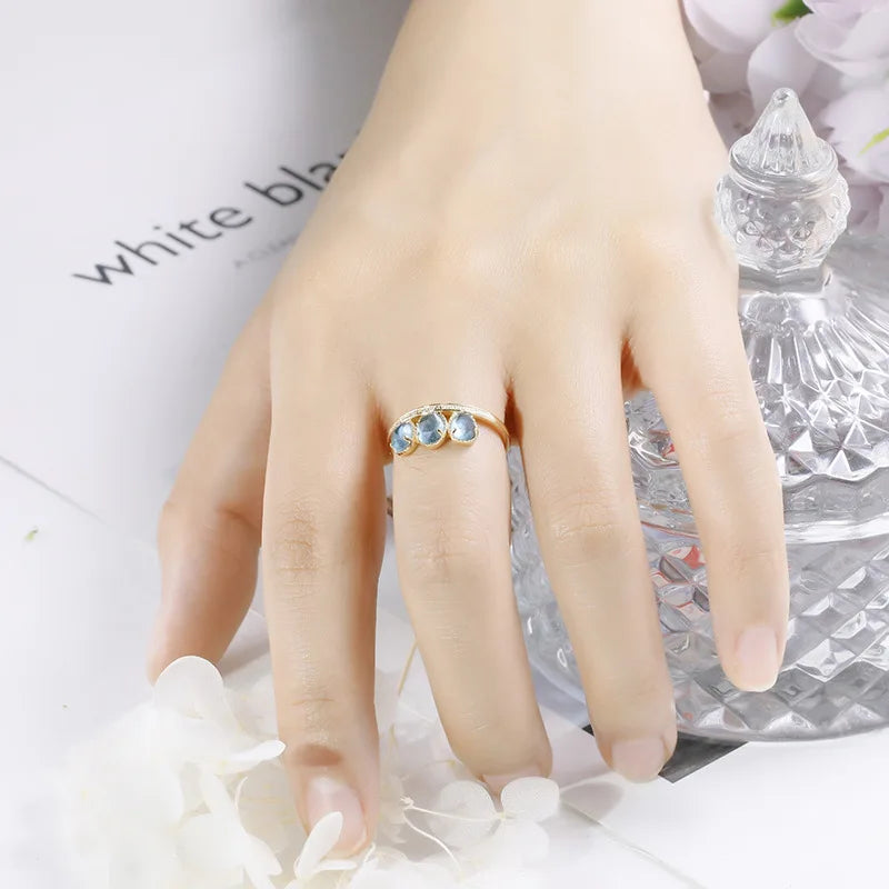 Emotional Factory 925 Sterling Silver 14K Gold Plated Gemstone Vintage Blue Rose Cut Grass 3 Stone Ring