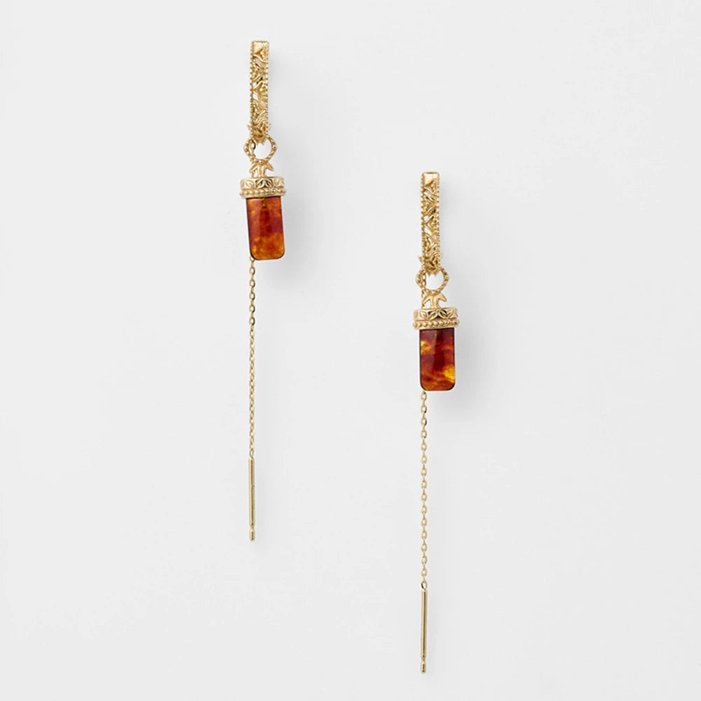 Emotional Factory 925 Sterling Silver 14K Gold Plated Gemstone Swinging Earwire Square Sculpture Leaf Amber Earrings