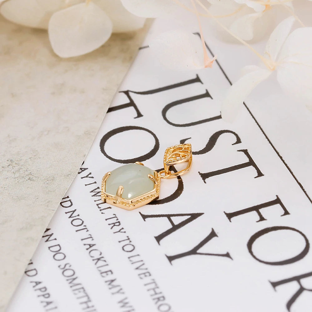 925 Sterling Silver 14K Gold Plated Gemstone Retro Vintage Hexagonal Jade Nephrite Necklace