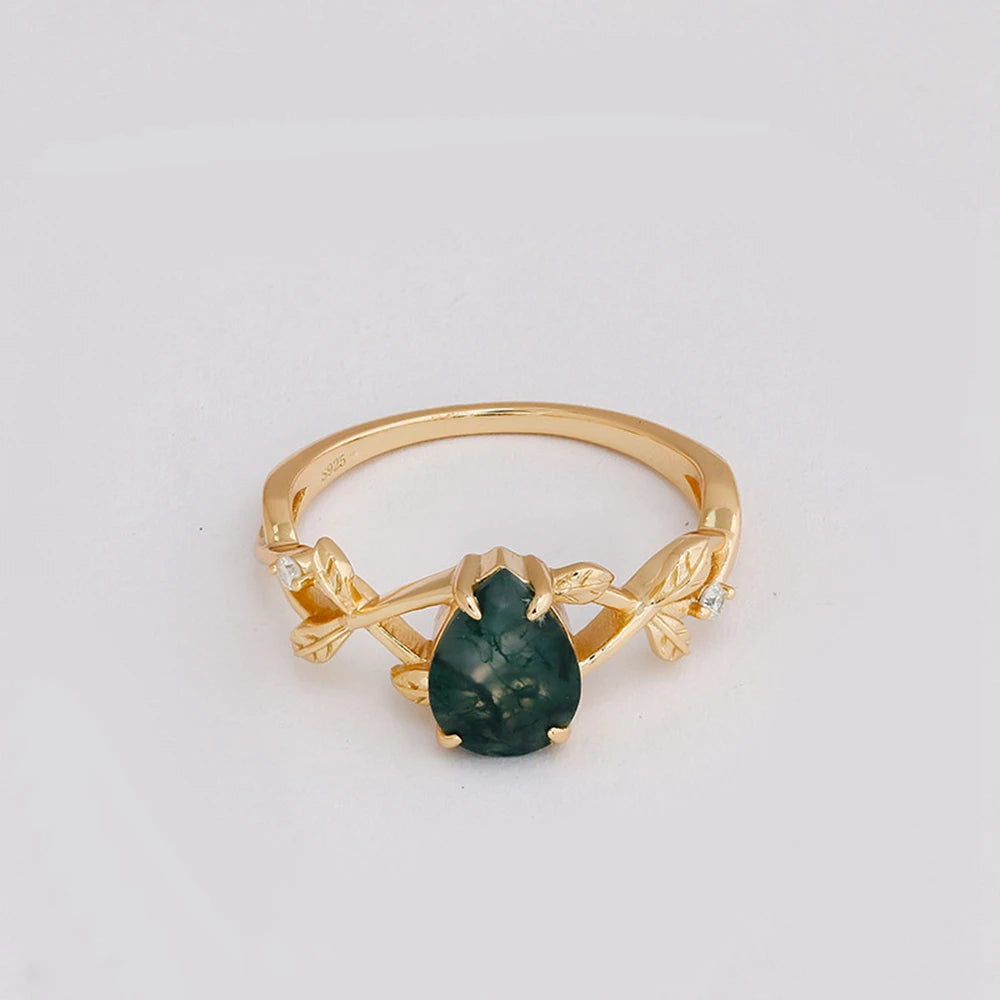 Emotional Factory 925 Sterling Silver 14K Gold Plated Gem Stone Gemstone Cz Zircon Vine Drops Moss Agate Ring