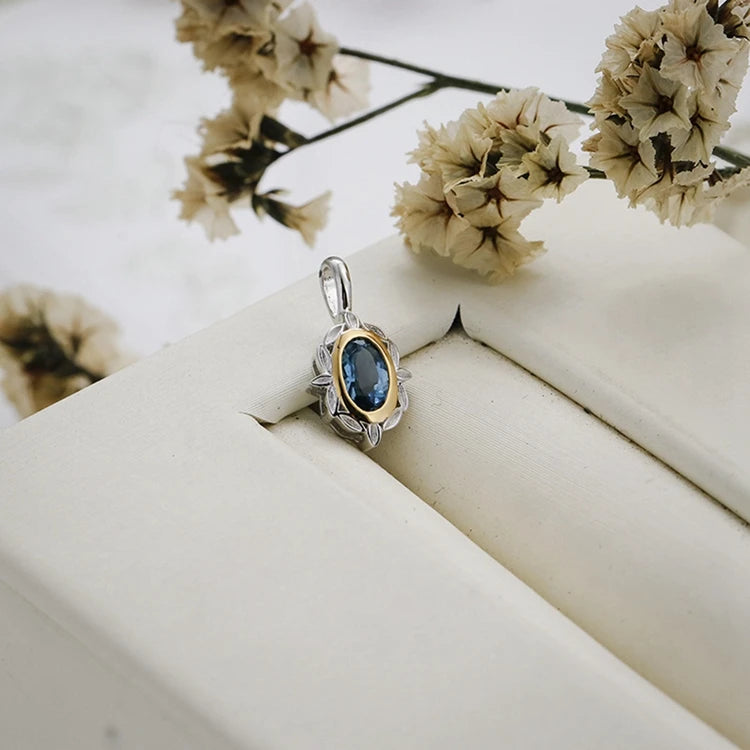 Emotional Factory 925 Sterling Silver 14K Gold Plated Gem Stone Gemstone Granule Leaves Petals London Blue Topaz Necklace
