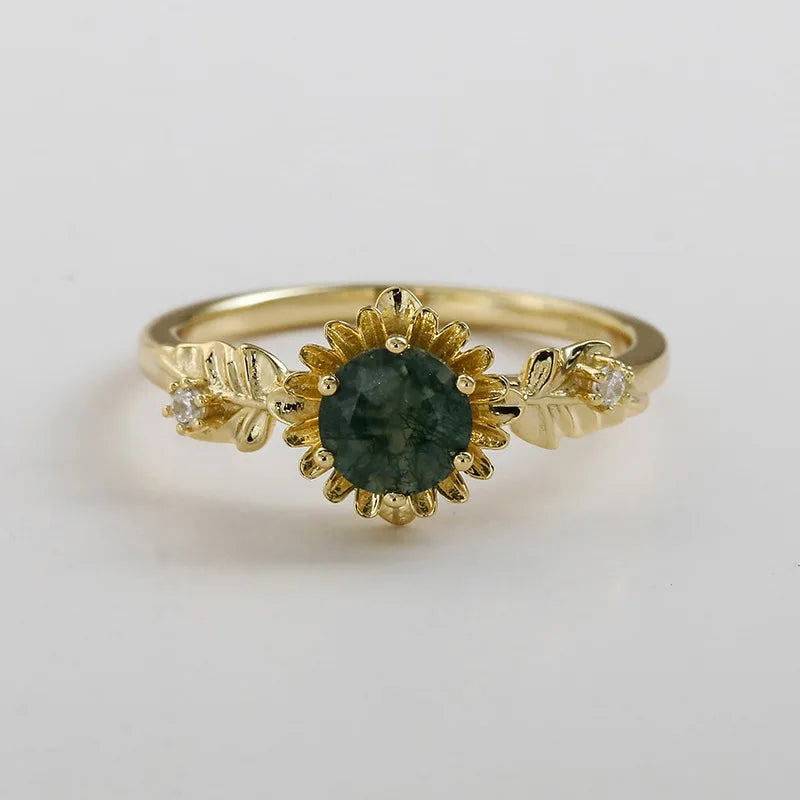 Emotional Factory 925 Sterling Silver 14K Gold Plated Gemstone Natural Sunflower Flowers Summer Sun Flower Moss Agate Ring