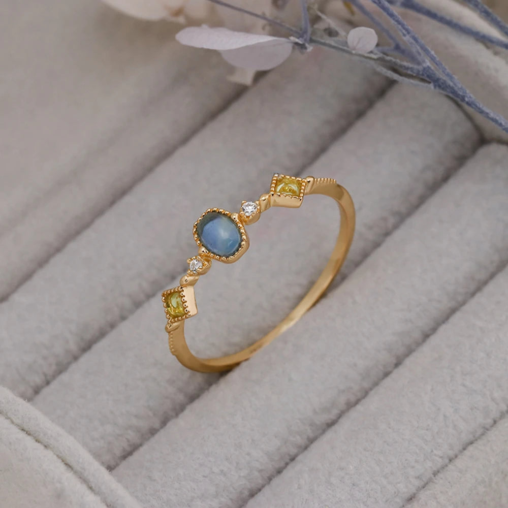 Emotional Factory Jewelry 925 Sterling Silver 14K Gold Plated Gemstone Series 3 Stone Rings Green Peridot Aquamarine Ring