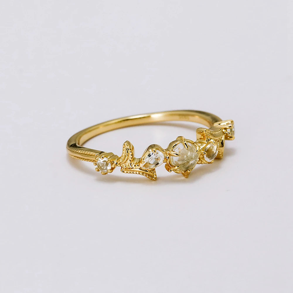 Emotional Factory 925 Sterling Silver 14K Gold Plated Gem Stone Gemstone Rose Flower White Topaz Rock Crystal Ring