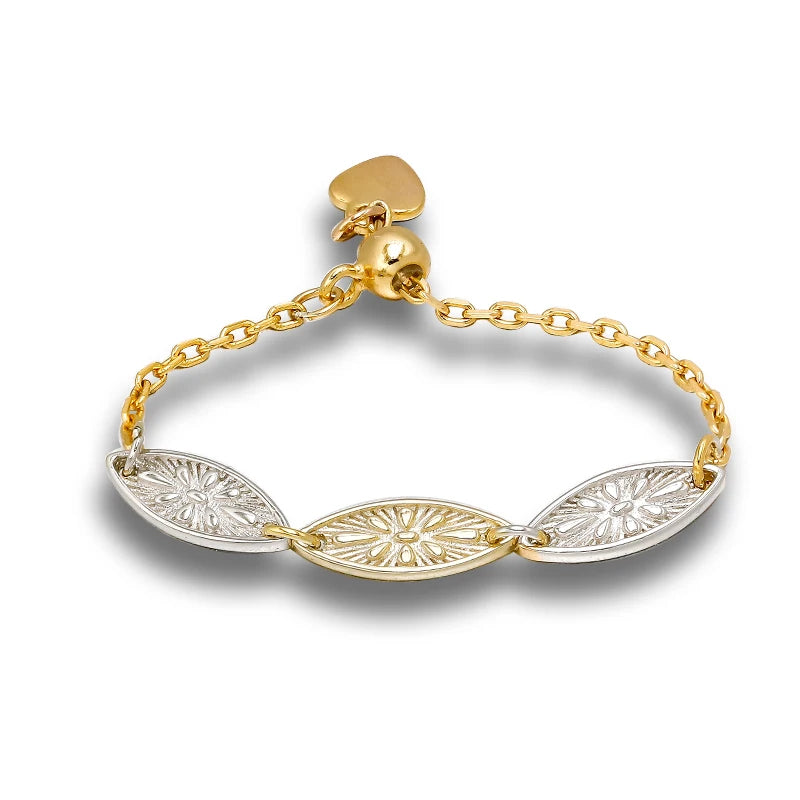 Vintage Carved Two Tone Leaf Adjustable Finger Chain S925 Silver Gold-plated Ring