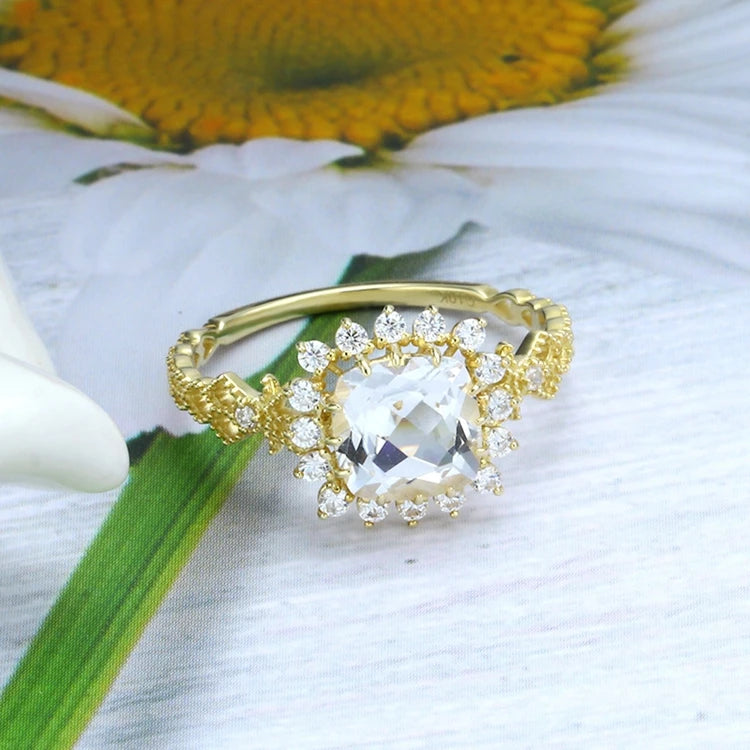 Emotional Bijoux Argent Factory 925 Sterling Silver Gold Plated Gemstones Classic Design Flowers Iced Square Sugar Topaz Ring